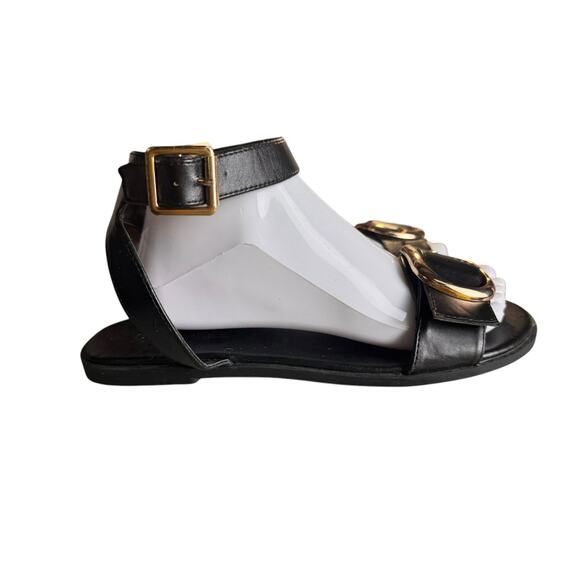 ASOS Womens Size 6 Black Flat Sandals Gold Buckle Details Ankle Straps - Picture 2 of 10